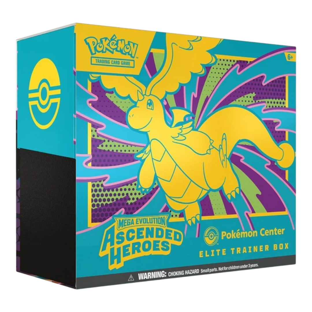 HypeSelection Pokemon Center Elite Trainer Box featuring Mega Evolution Ascended Heroes with a yellow Dragonite ex on a teal, purple, and green background.