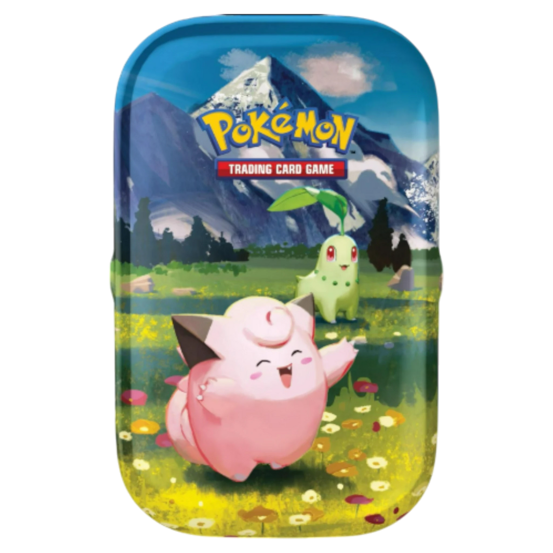 HypeSelection Pokémon Ascended Heroes Mini Tin featuring Clefairy and Chikorita in a scenic mountain meadow landscape.