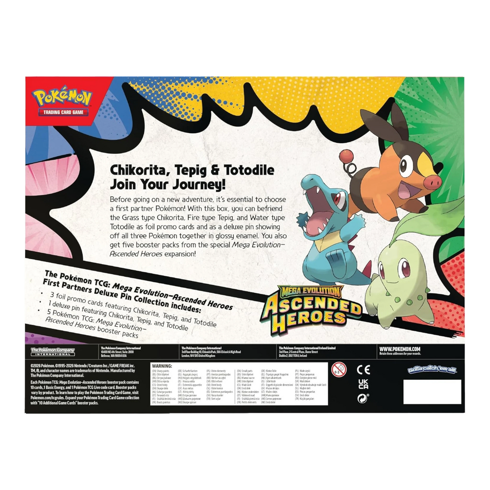 HypeSelection Pokémon TCG Mega Evolution Ascended Heroes First Partners Deluxe Pin Collection featuring Chikorita, Tepig, and Totodile.