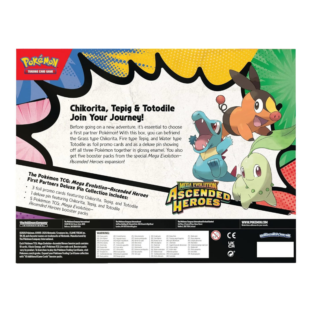 HypeSelection Pokémon TCG Mega Evolution Ascended Heroes First Partners Deluxe Pin Collection featuring Chikorita, Tepig, and Totodile.