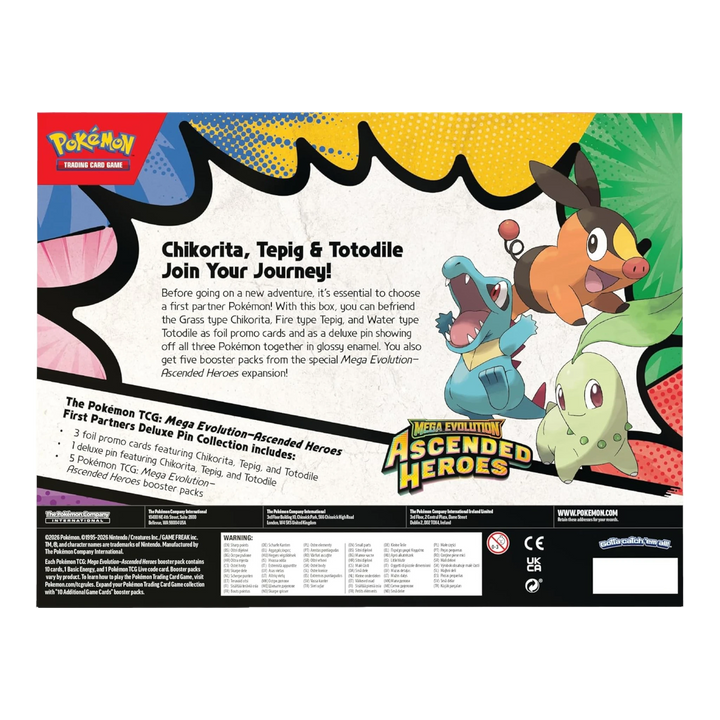 HypeSelection Pokémon TCG Mega Evolution Ascended Heroes First Partners Deluxe Pin Collection featuring Chikorita, Tepig, and Totodile.