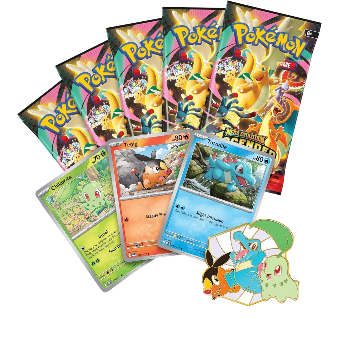 HypeSelection Ascended Heroes First Partners Deluxe Pin Collection featuring Chikorita, Tepig, and Totodile cards and pin.
