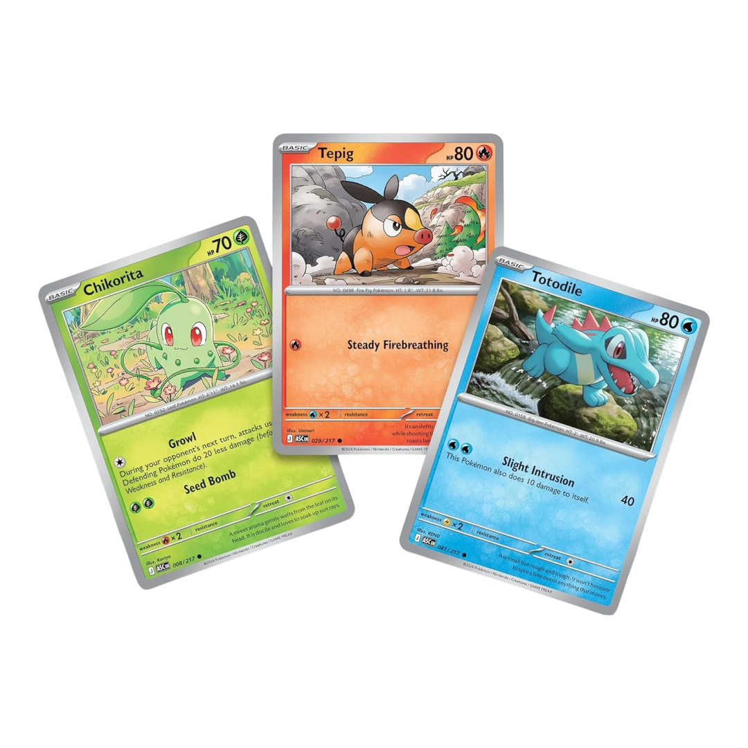 HypeSelection Ascended Heroes Pokémon TCG cards featuring Chikorita, Tepig, and Totodile.