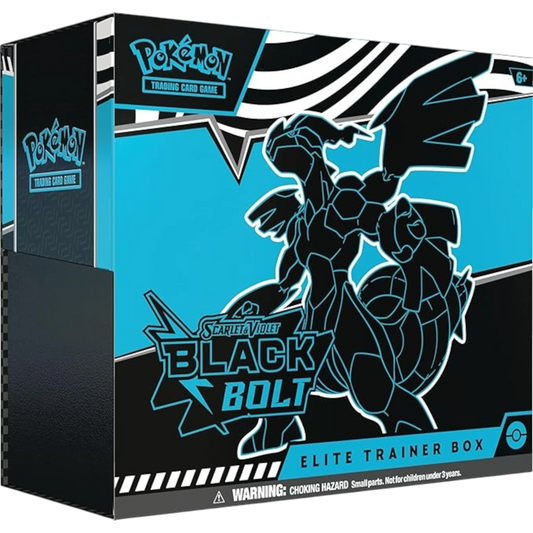 HypeSelection Pokémon Scarlet & Violet Black Bolt Elite Trainer Box featuring a black outline of a dragon-like creature on a bright blue background.