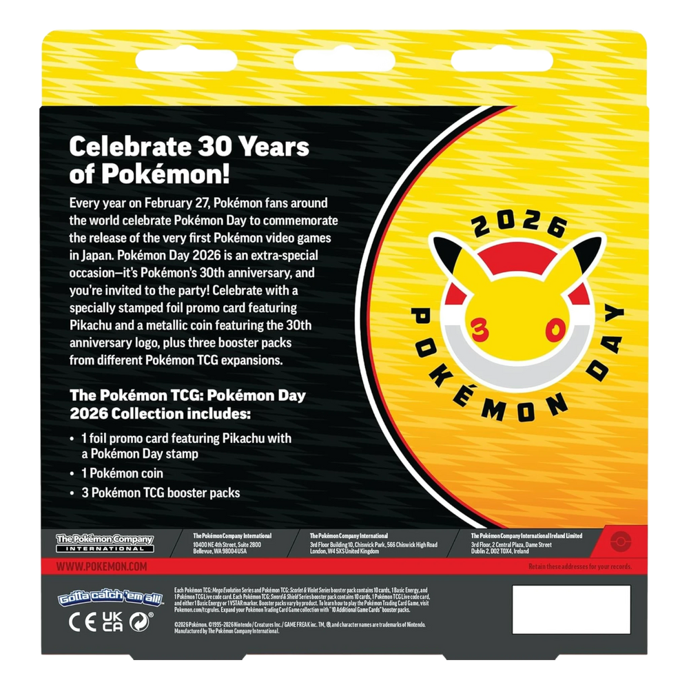 HypeSelection Pokémon Day 2026 Collection back of packaging featuring 30th anniversary Pikachu logo and product details