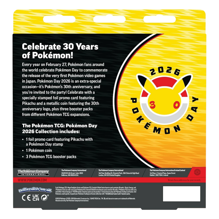 HypeSelection Pokémon Day 2026 Collection back of packaging featuring 30th anniversary Pikachu logo and product details