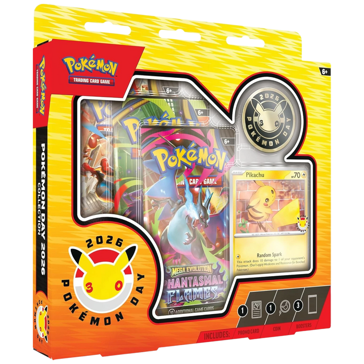 HypeSelection Pokémon Day 2026 Collection box featuring a Pikachu foil promo card, 30th anniversary coin, and boosters.