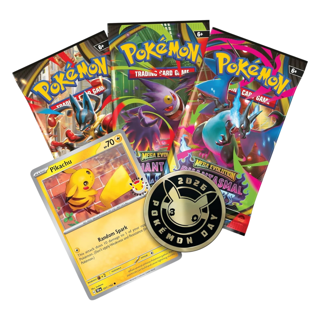 HypeSelection Pokémon Day 2026 Collection with Pikachu foil promo card, 30th anniversary coin, and booster packs.