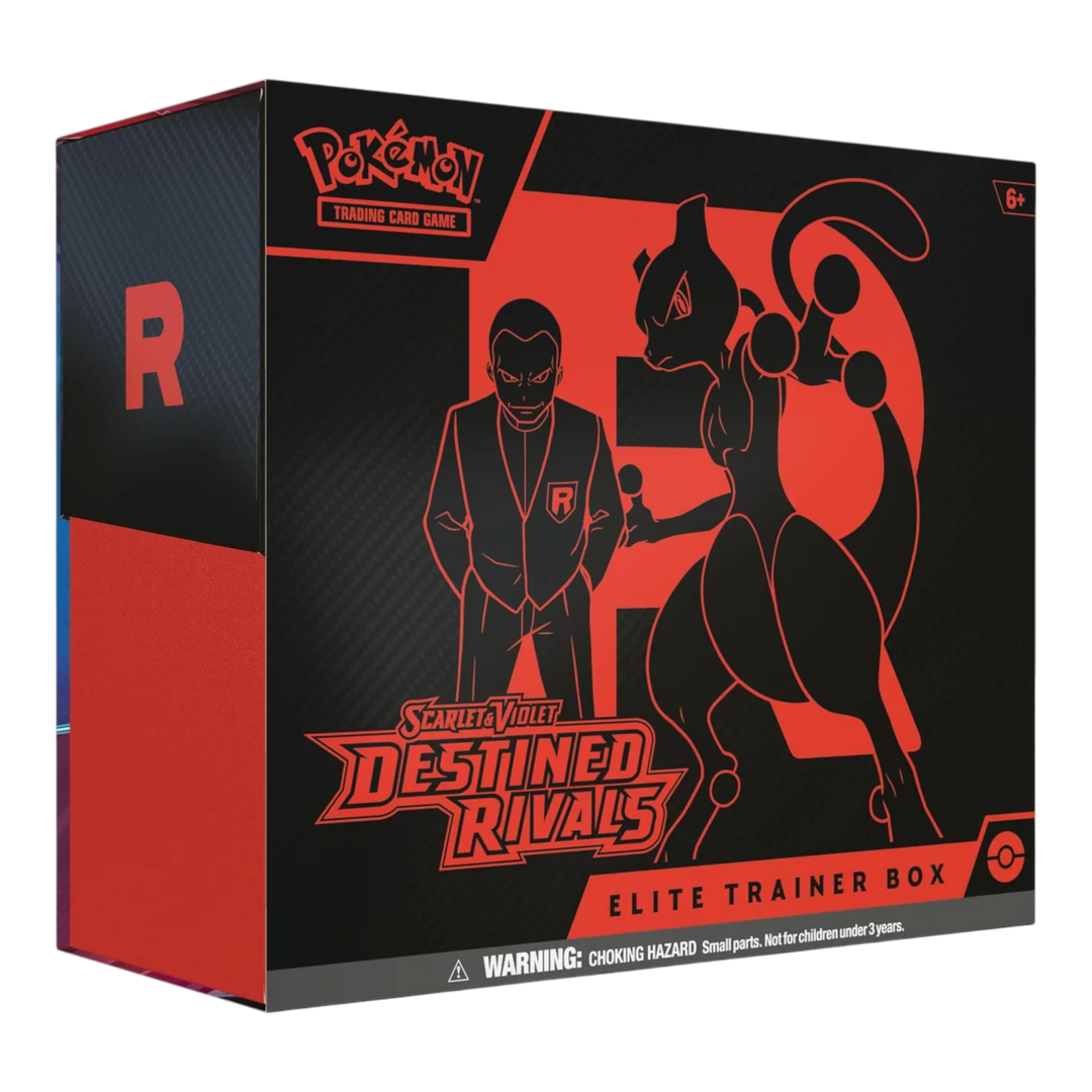 HypeSelection 2025 Pokémon Scarlet & Violet Destined Rivals Elite Trainer Box featuring Giovanni and Mewtwo in black and red.
