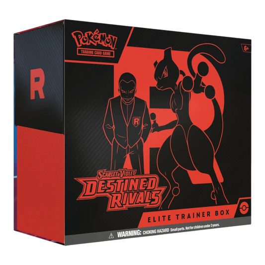 HypeSelection 2025 Pokémon Scarlet & Violet Destined Rivals Elite Trainer Box featuring Giovanni and Mewtwo in black and red.