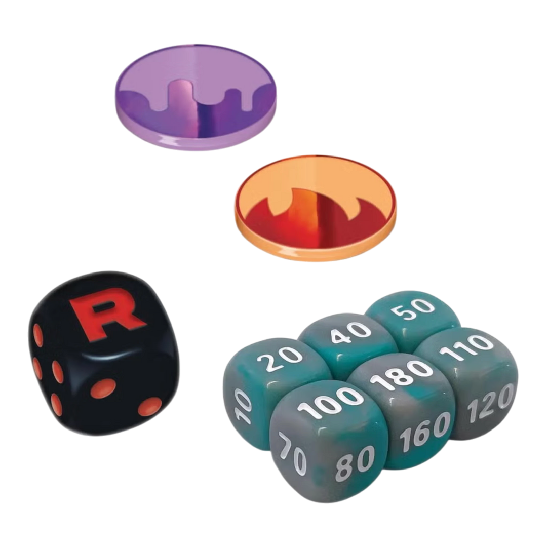 HypeSelection Pokémon Scarlet &amp; Violet Destined Rivals Elite Trainer Box accessories: black die with red R, damage counter dice, and two coins.