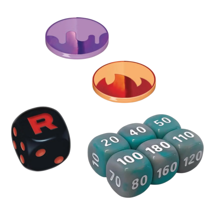 HypeSelection Pokémon Scarlet &amp; Violet Destined Rivals Elite Trainer Box accessories: black die with red R, damage counter dice, and two coins.