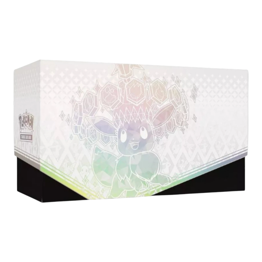 HypeSelection Pokémon TCG Scarlet & Violet Prismatic Evolutions Elite Trainer Box featuring Eevee and its evolutions with a rainbow prism effect.