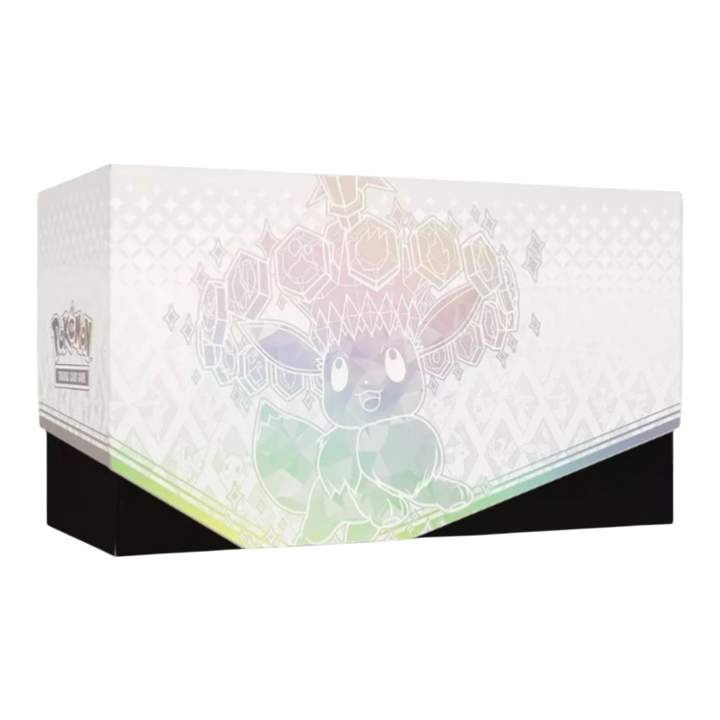 HypeSelection Pokémon TCG Scarlet &amp; Violet Prismatic Evolutions Elite Trainer Box featuring Eevee and its evolutions with a rainbow prism effect.
