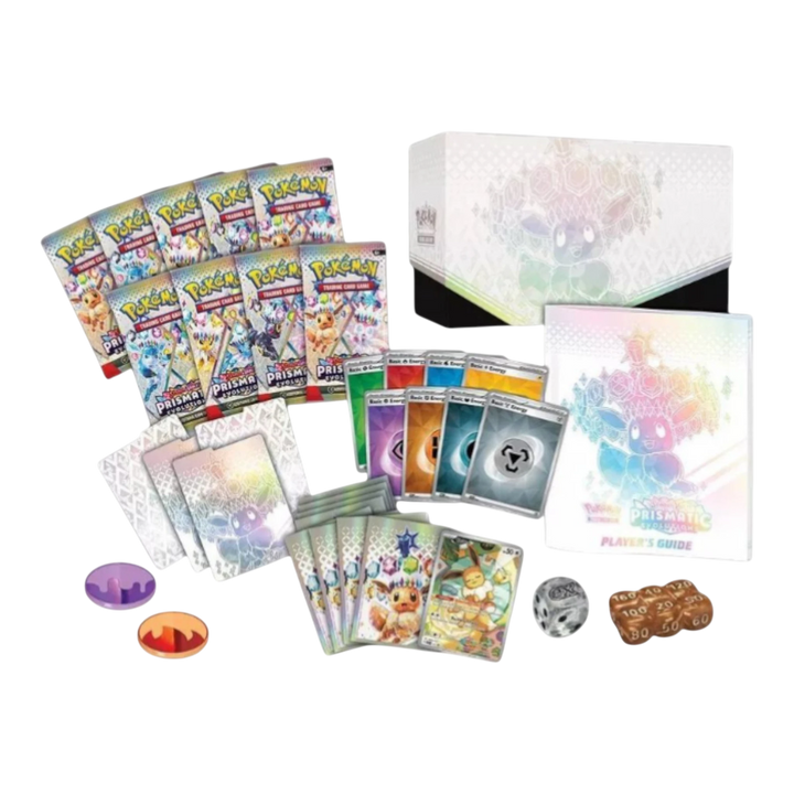 HypeSelection Pokémon TCG Scarlet &amp; Violet Prismatic Evolutions Elite Trainer Box with Eevee promo card, 9 booster packs, sleeves, energy cards, dice, and damage counters.