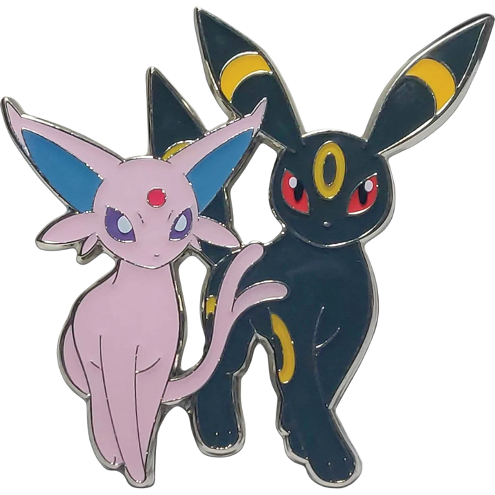 HypeSelection 2025 Pokémon Prismatic Evolutions Espeon and Umbreon enamel pin. Pink Espeon with blue ears and purple eyes, black Umbreon with red eyes and yellow accents.