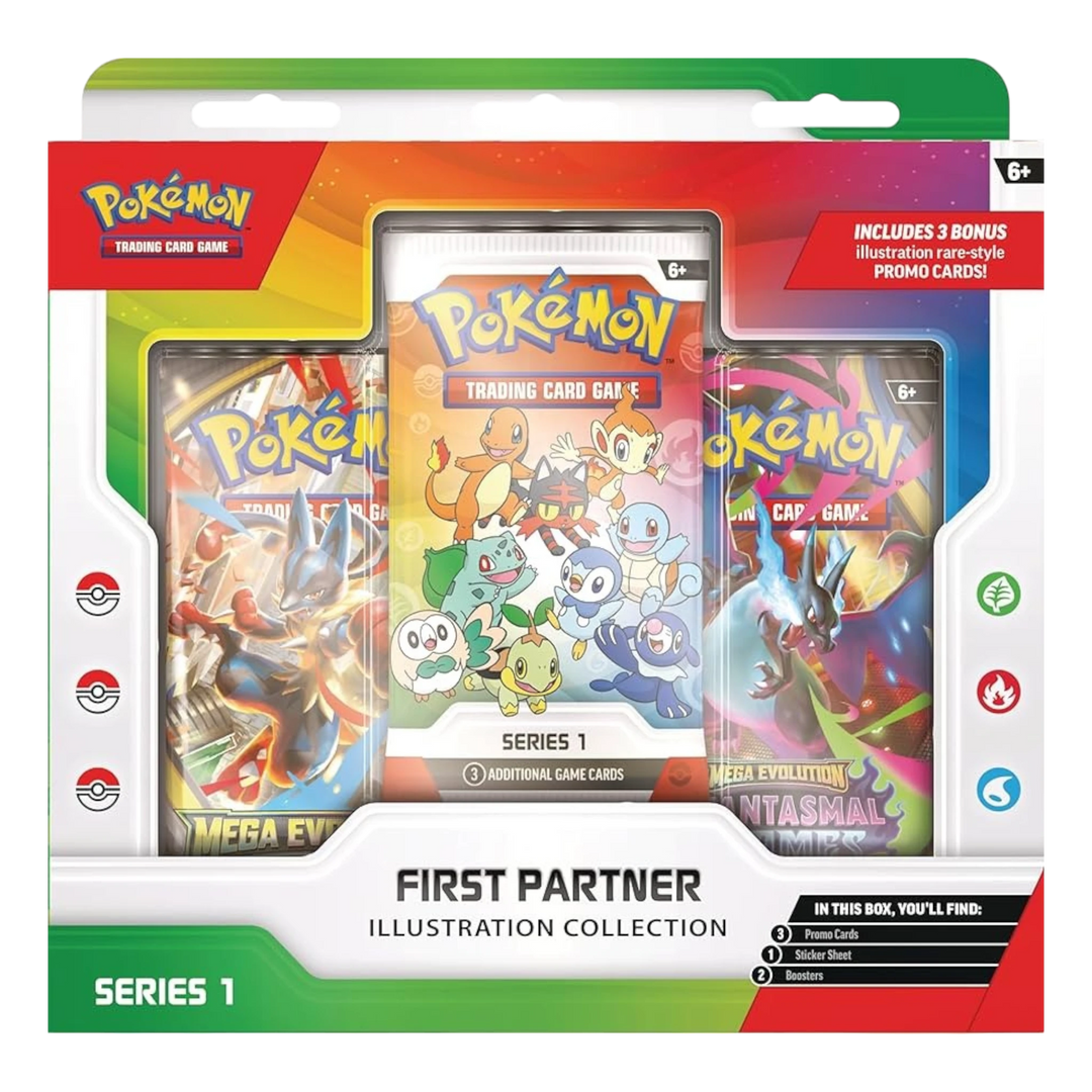 HypeSelection Pokémon TCG First Partner Illustration Collection Series 1 box with promo cards and booster packs.