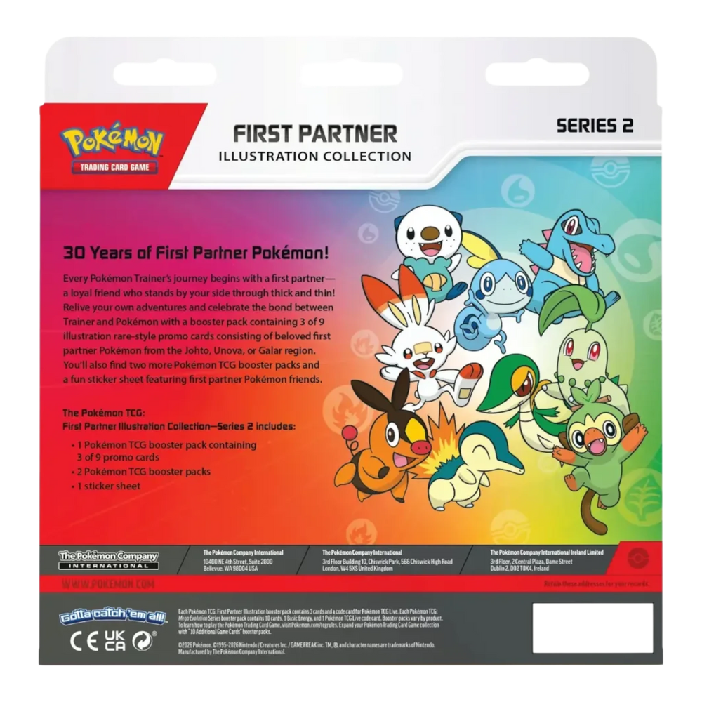 HypeSelection Pokémon TCG First Partner Illustration Collection Series 2 box back featuring Johto, Unova, Galar starters