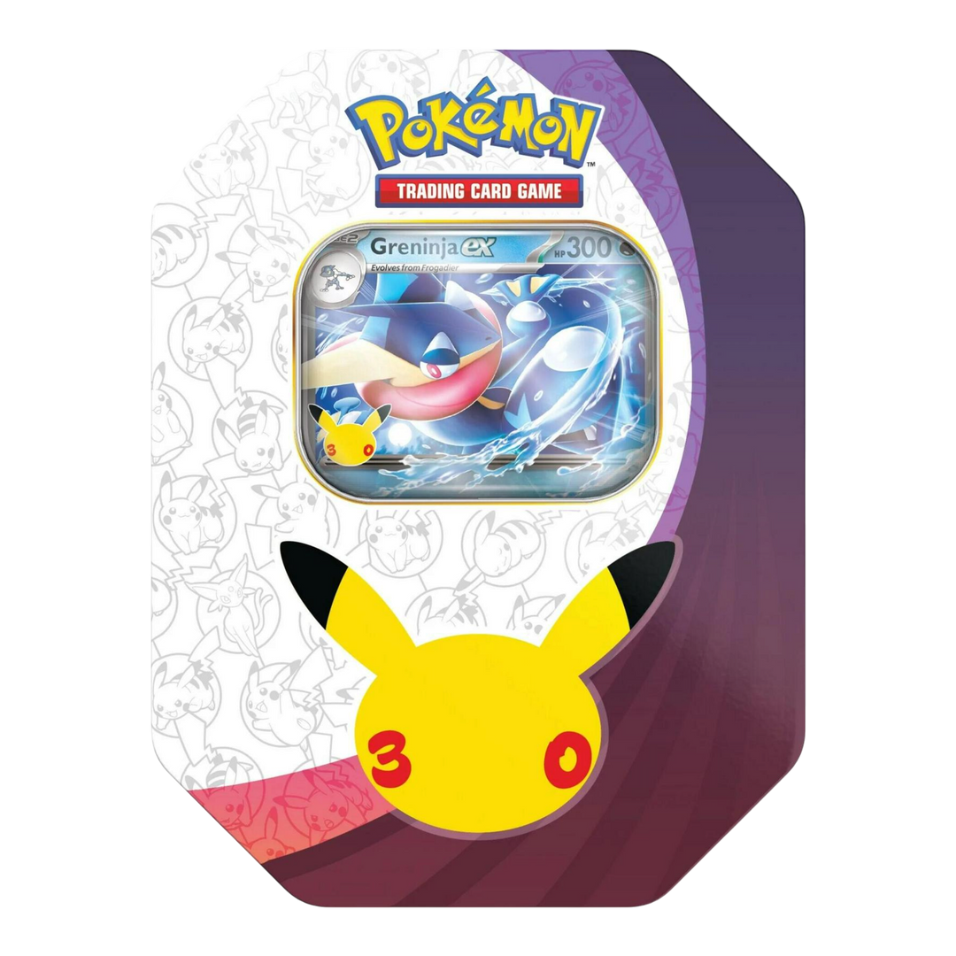 HypeSelection Pokémon TCG 30th Celebration ex Tin featuring a foil Greninja ex promo card in a collectible metal case