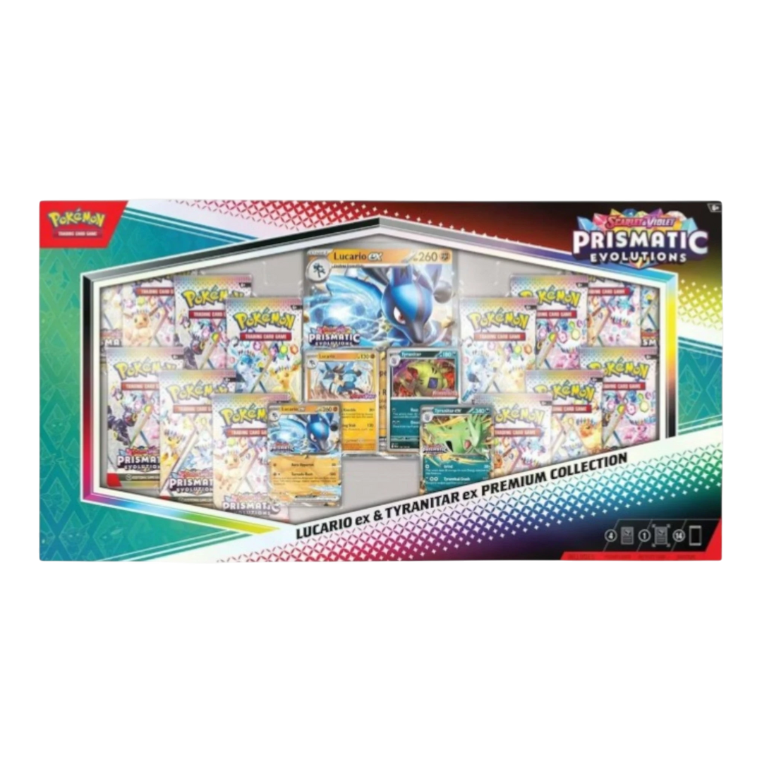 HypeSelection Pokémon TCG: Lucario ex &amp; Tyranitar ex Premium Collection box with 14 booster packs and special foil cards.