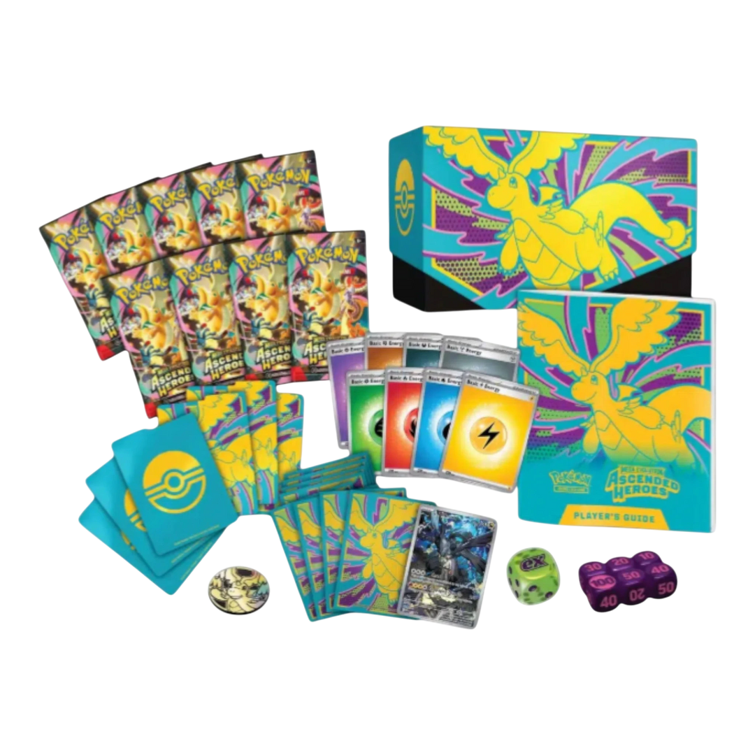 HypeSelection Pokémon TCG Mega Evolution Ascended Heroes Elite Trainer Box with booster packs, promo card, sleeves, dice, and player&