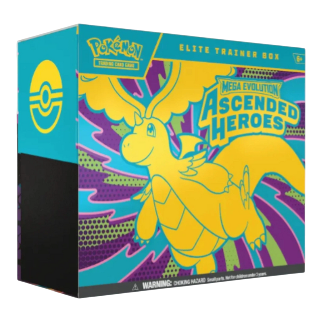 HypeSelection Pokémon TCG Mega Evolution Ascended Heroes Elite Trainer Box featuring a yellow Dragonite on a teal and purple background.