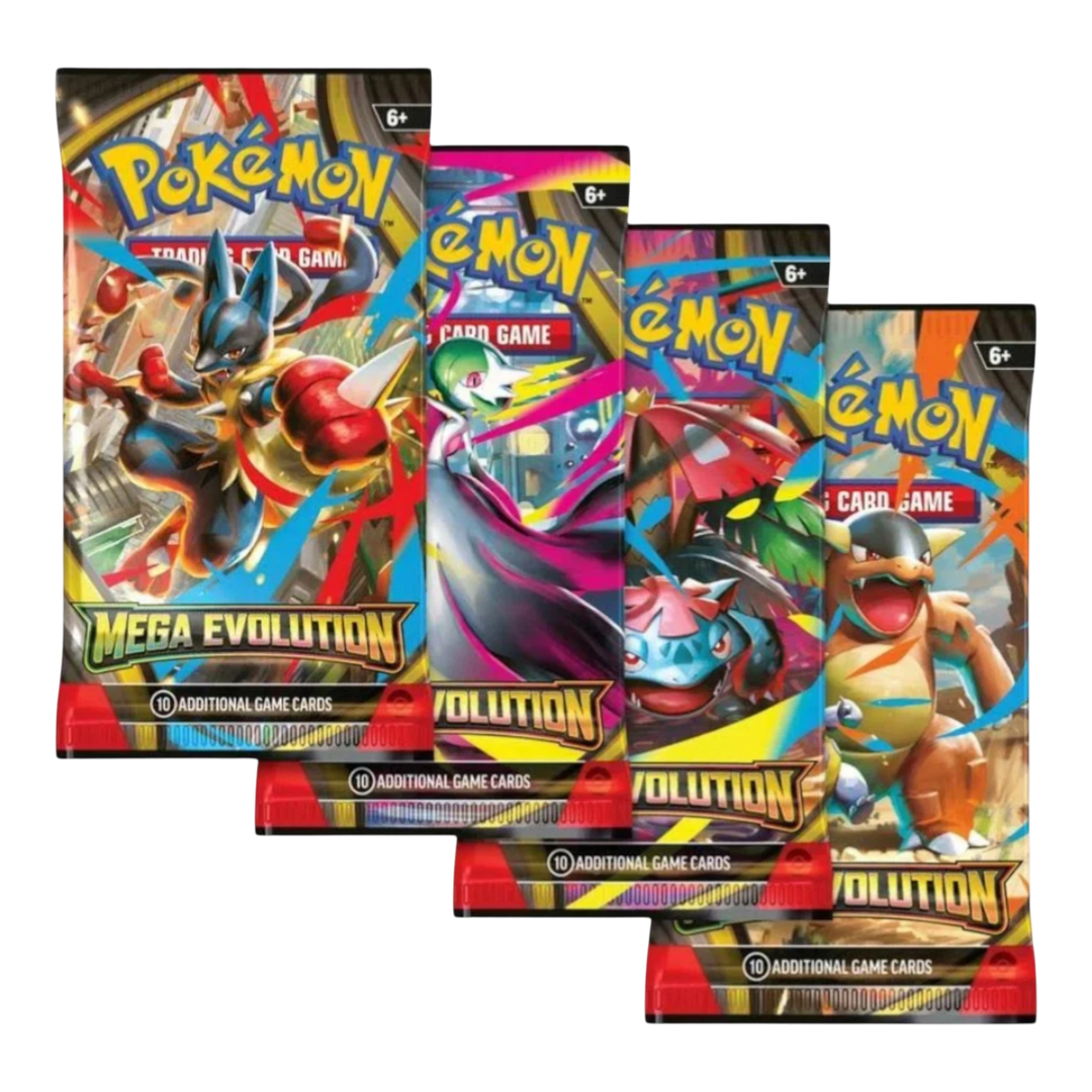 HypeSelection Pokemon TCG Mega Evolution booster packs featuring Lucario, Gardevoir, Venusaur, and Charizard. Each pack contains 10 cards.