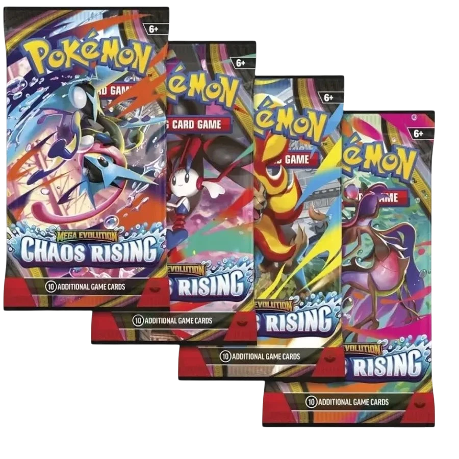 HypeSelection Pokemon TCG Mega Evolution Chaos Rising booster packs featuring Mega Greninja ex, Mega Floette ex, and other Pokémon.