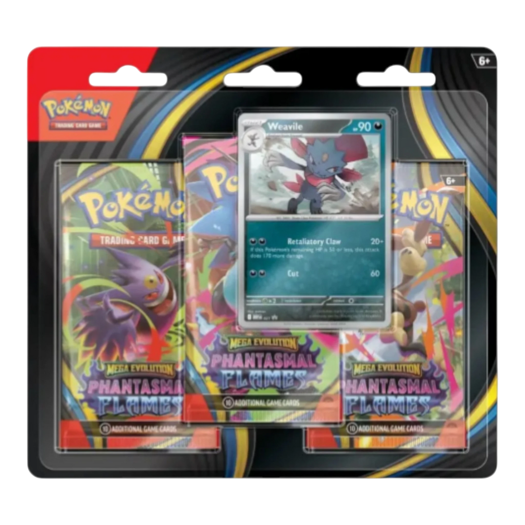 HypeSelection Pokémon TCG Mega Evolution Phantasmal Flames 3-pack blister with 3 booster packs and a foil promo card.