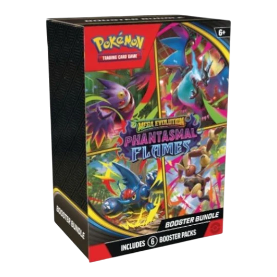 HypeSelection Pokémon TCG Mega Evolution Phantasmal Flames Booster Bundle with 6 sealed packs featuring Mega Charizard X ex and Mega Gengar ex.