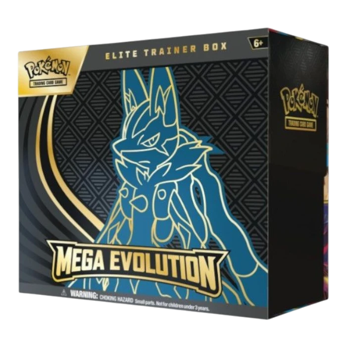 HypeSelection Pokémon TCG Mega Evolution Elite Trainer Box featuring Mega Lucario in blue and gold.