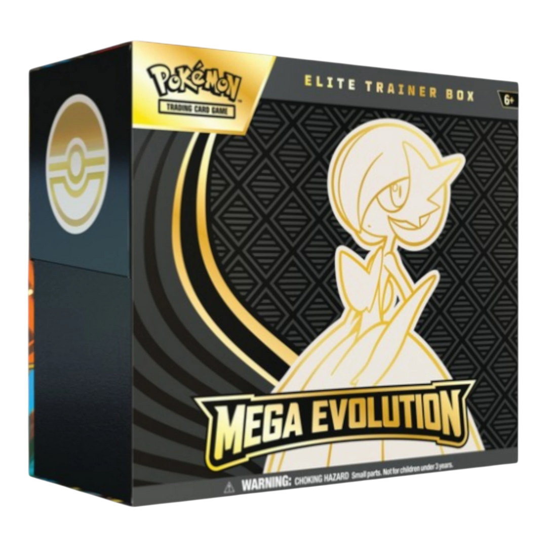 HypeSelection Pokemon TCG Mega Evolution Elite Trainer Box featuring Mega Gardevoir artwork, gold and black design.