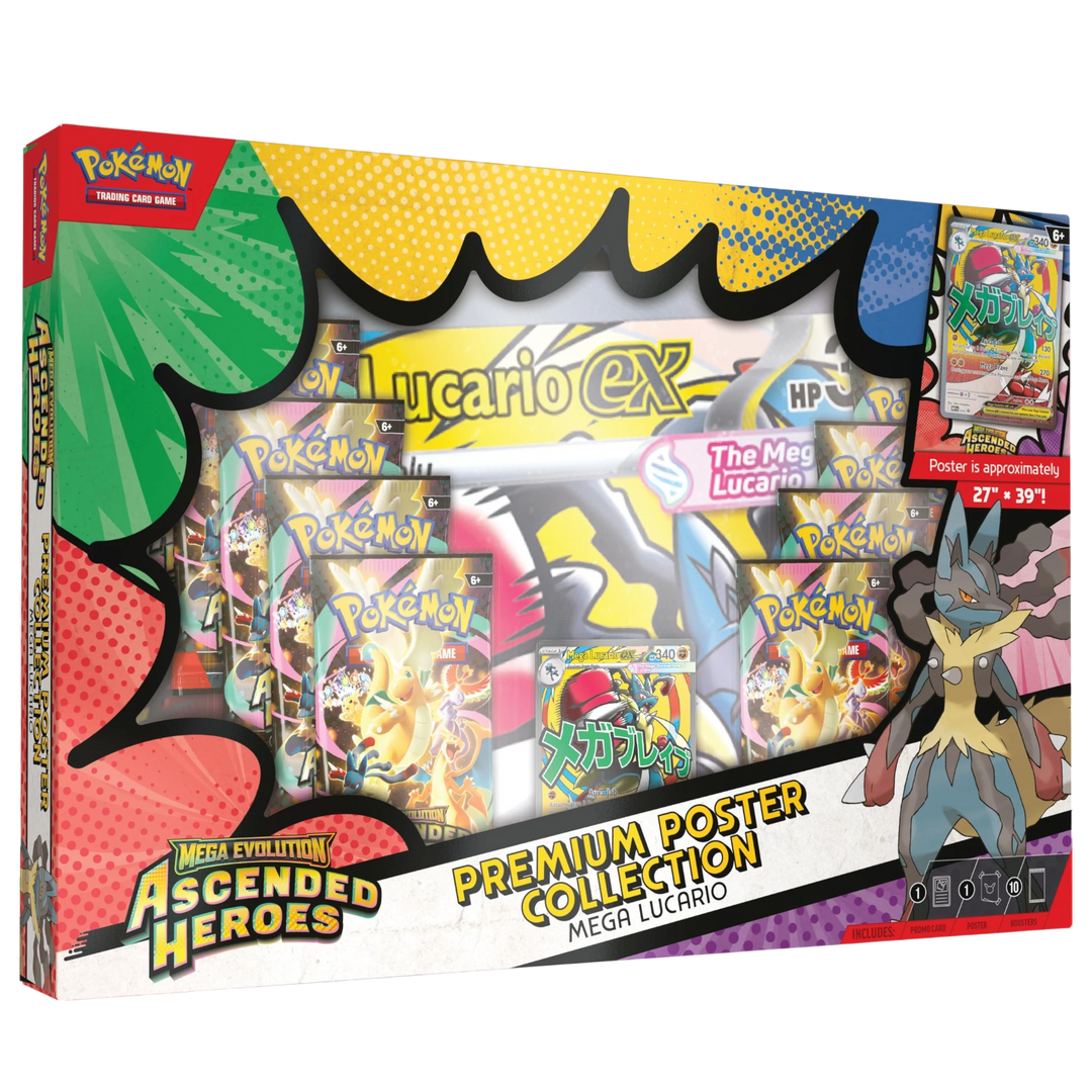 HypeSelection Pokémon TCG Mega Lucario Premium Poster Collection box with 10 booster packs, a Mega Lucario EX promo card, and a large poster.