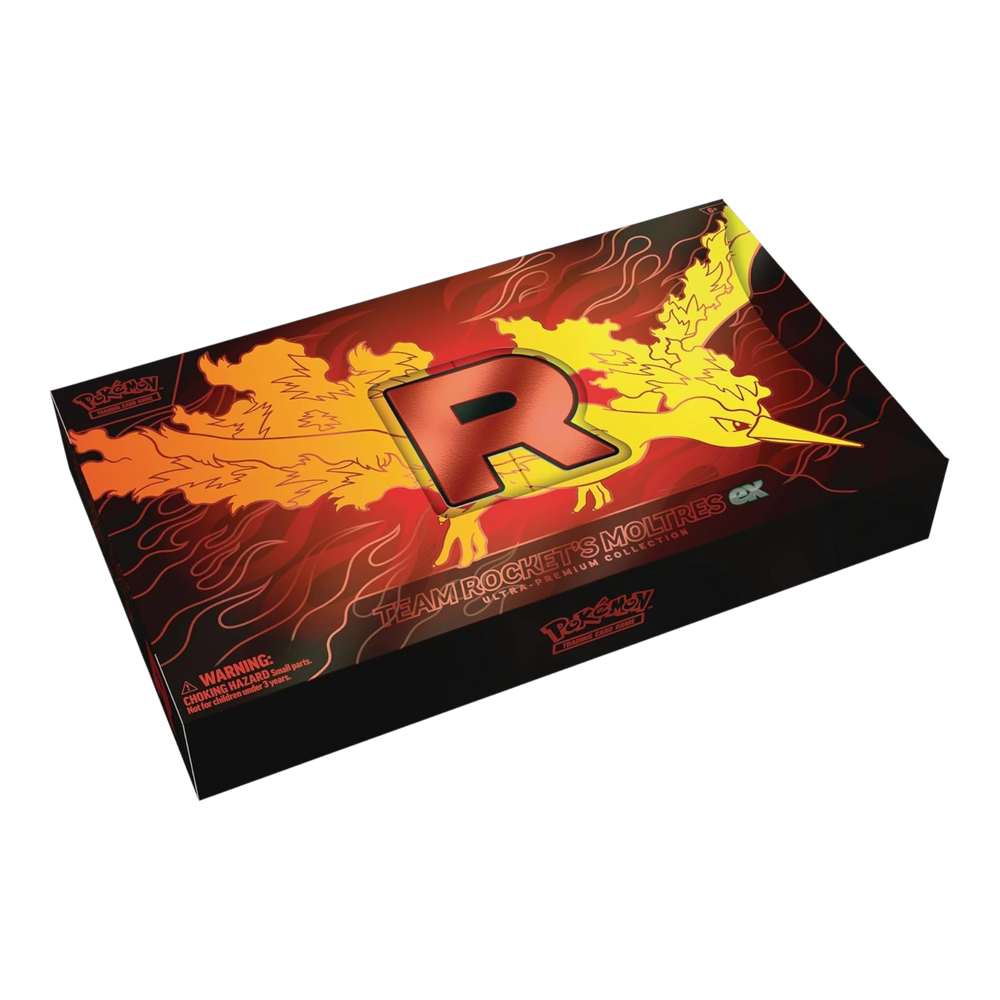 HypeSelection Team Rocket's Moltres ex Ultra-Premium Collection box with fiery Moltres artwork and Team Rocket 'R' logo.
