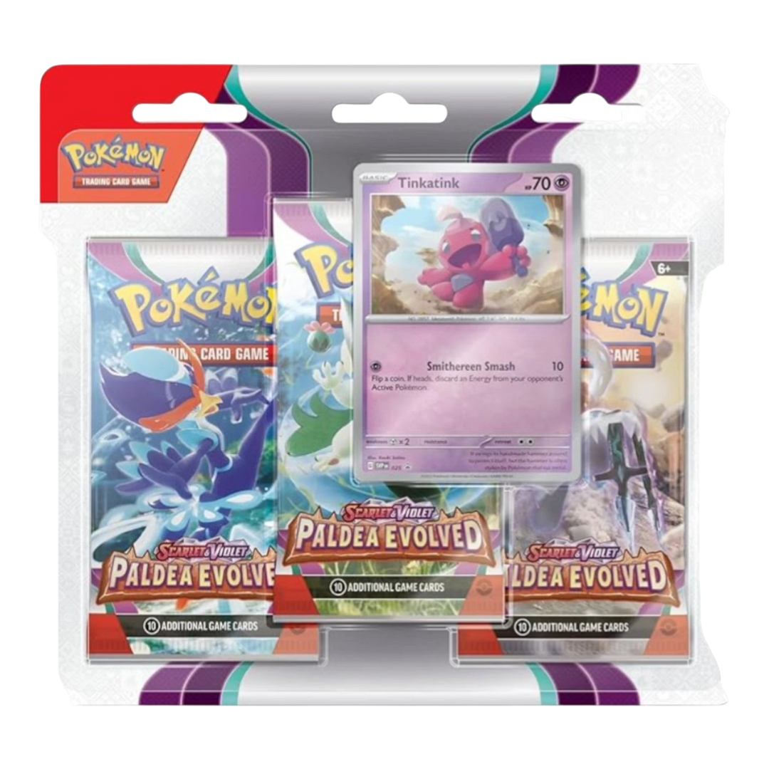HypeSelection Pokémon TCG Scarlet &amp; Violet Paldea Evolved 3-Pack Blister with Tinkatink promo card and coin.
