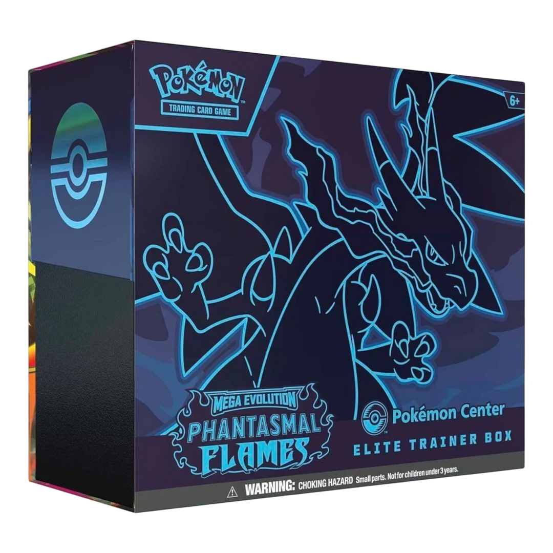 HypeSelection Phantasmal Flames Pokemon Center Elite Trainer Box featuring Mega Charizard X ex and Mega Gengar ex artwork in blue neon outline on a dark purple box.