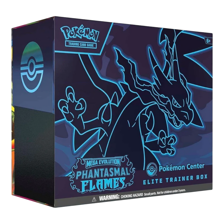 HypeSelection Phantasmal Flames Pokemon Center Elite Trainer Box featuring Mega Charizard X ex and Mega Gengar ex artwork in blue neon outline on a dark purple box.