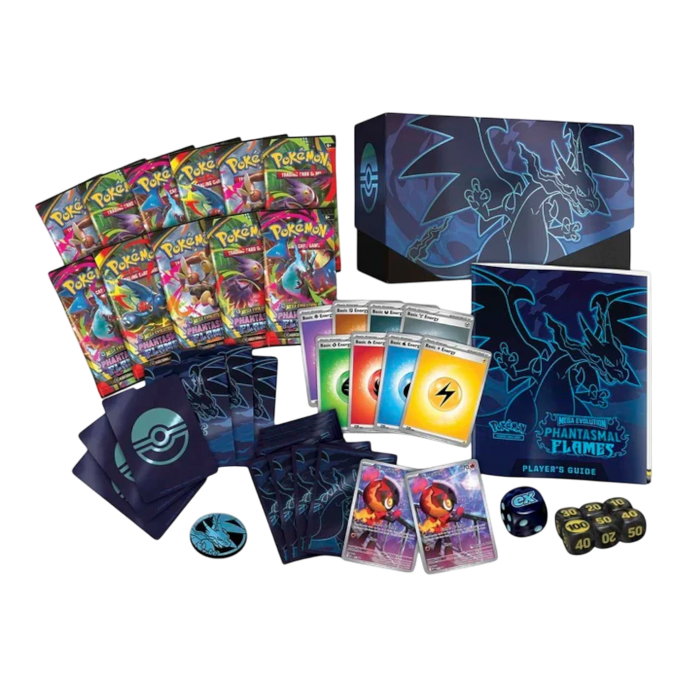 HypeSelection Phantasmal Flames Elite Trainer Box with booster packs, energy cards, dice, sleeves, and player's guide featuring Mega Charizard X.