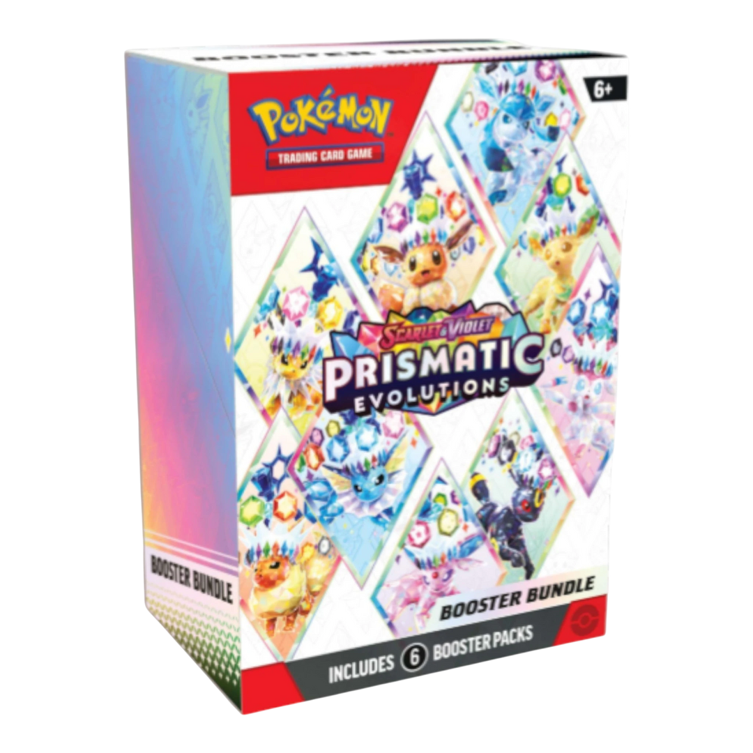 HypeSelection Pokémon TCG Scarlet & Violet Prismatic Evolutions Booster Bundle with 6 sealed booster packs featuring Eevee and its evolutions.