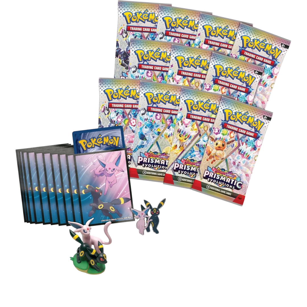 HypeSelection 2025 Pokémon Prismatic Evolutions Premium Figure Collection Box with booster packs, promo card, and collectible figures.