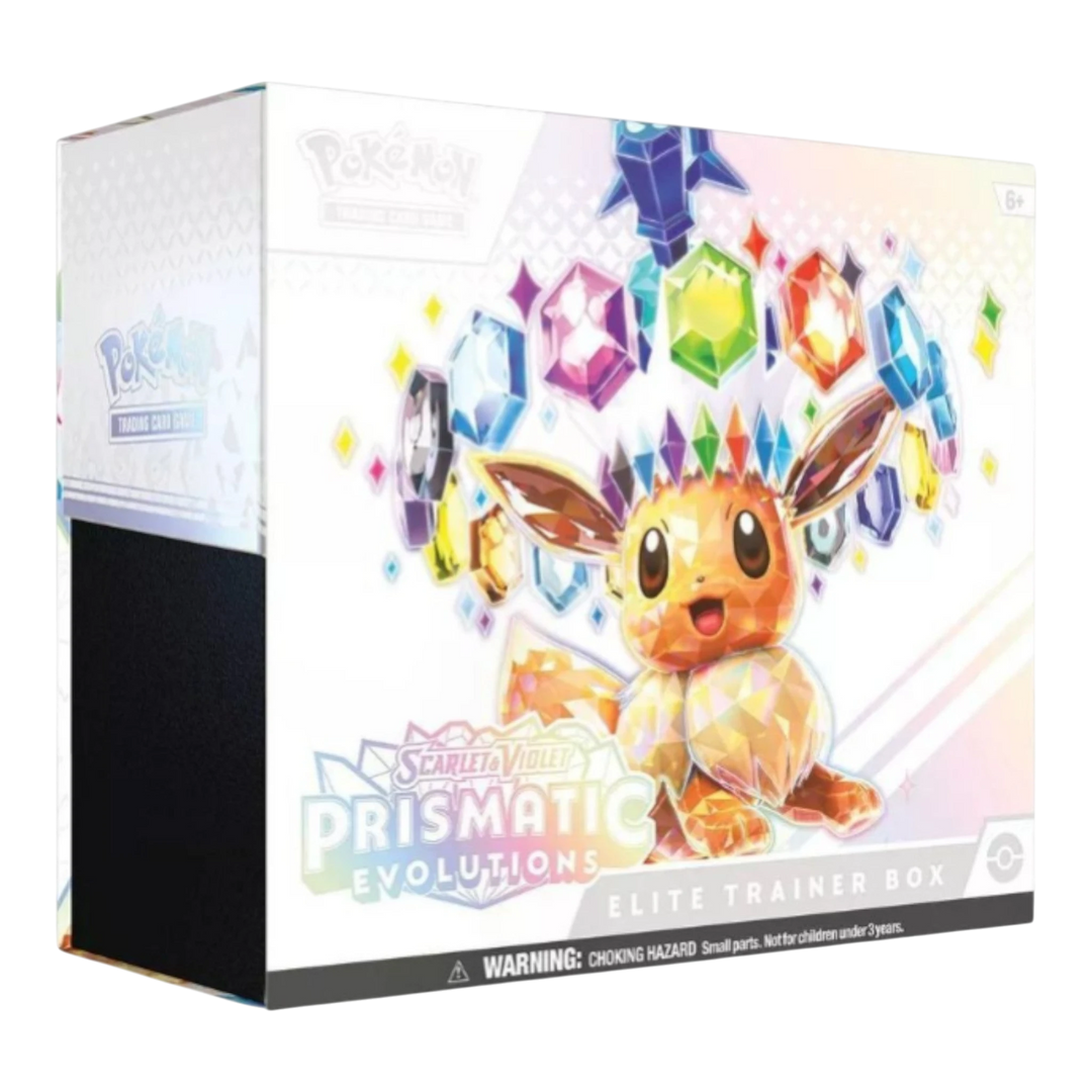 HypeSelection Pokémon TCG Scarlet & Violet Prismatic Evolutions Elite Trainer Box featuring a crystal Eevee surrounded by colorful gems.