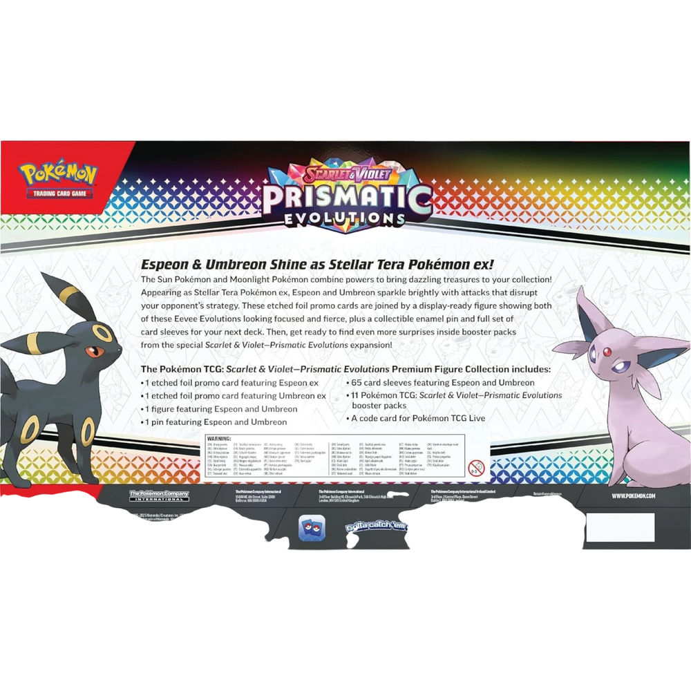 HypeSelection 2025 Pokémon Prismatic Evolutions Premium Figure Collection Box featuring Espeon and Umbreon figures and booster packs.