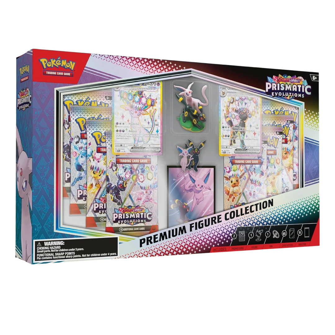 HypeSelection 2025 Pokémon Prismatic Evolutions Premium Figure Collection Box with Espeon and Umbreon figures, booster packs, and promo cards.