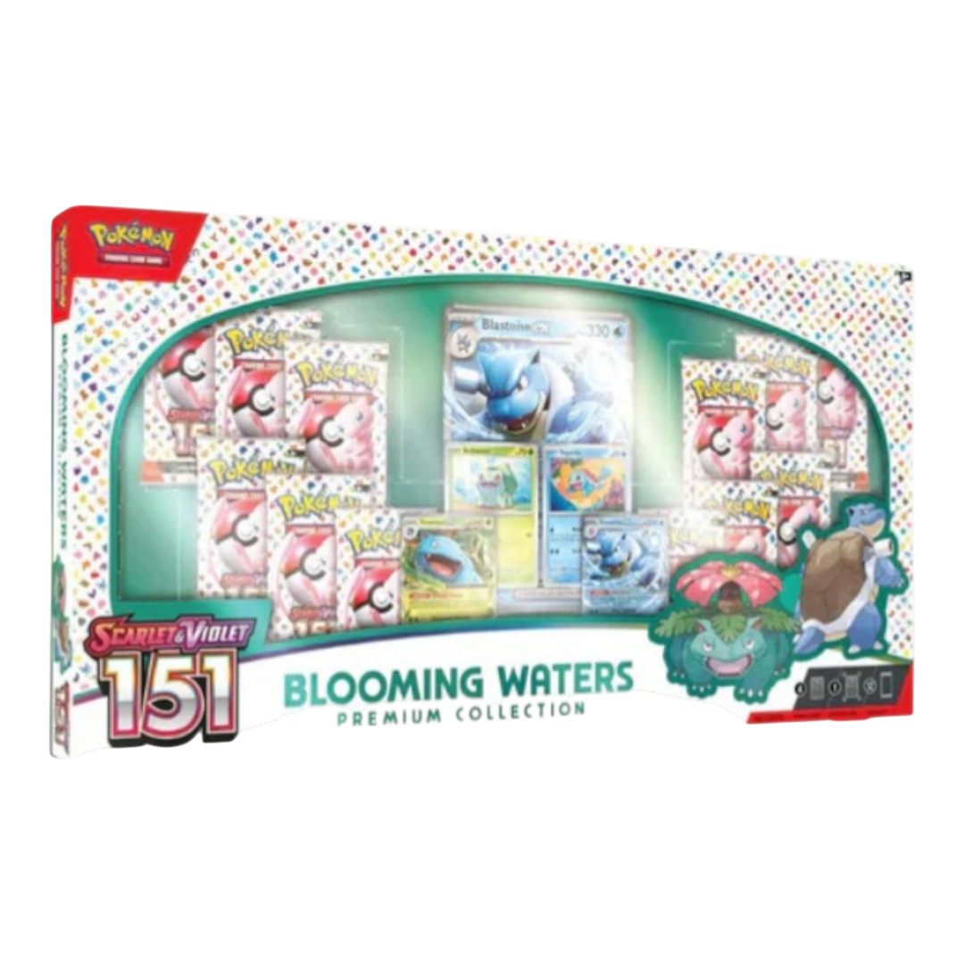 HypeSelection Pokémon TCG Scarlet &amp; Violet 151 Blooming Waters Premium Collection box with Blastoise ex and Venusaur ex promo cards.