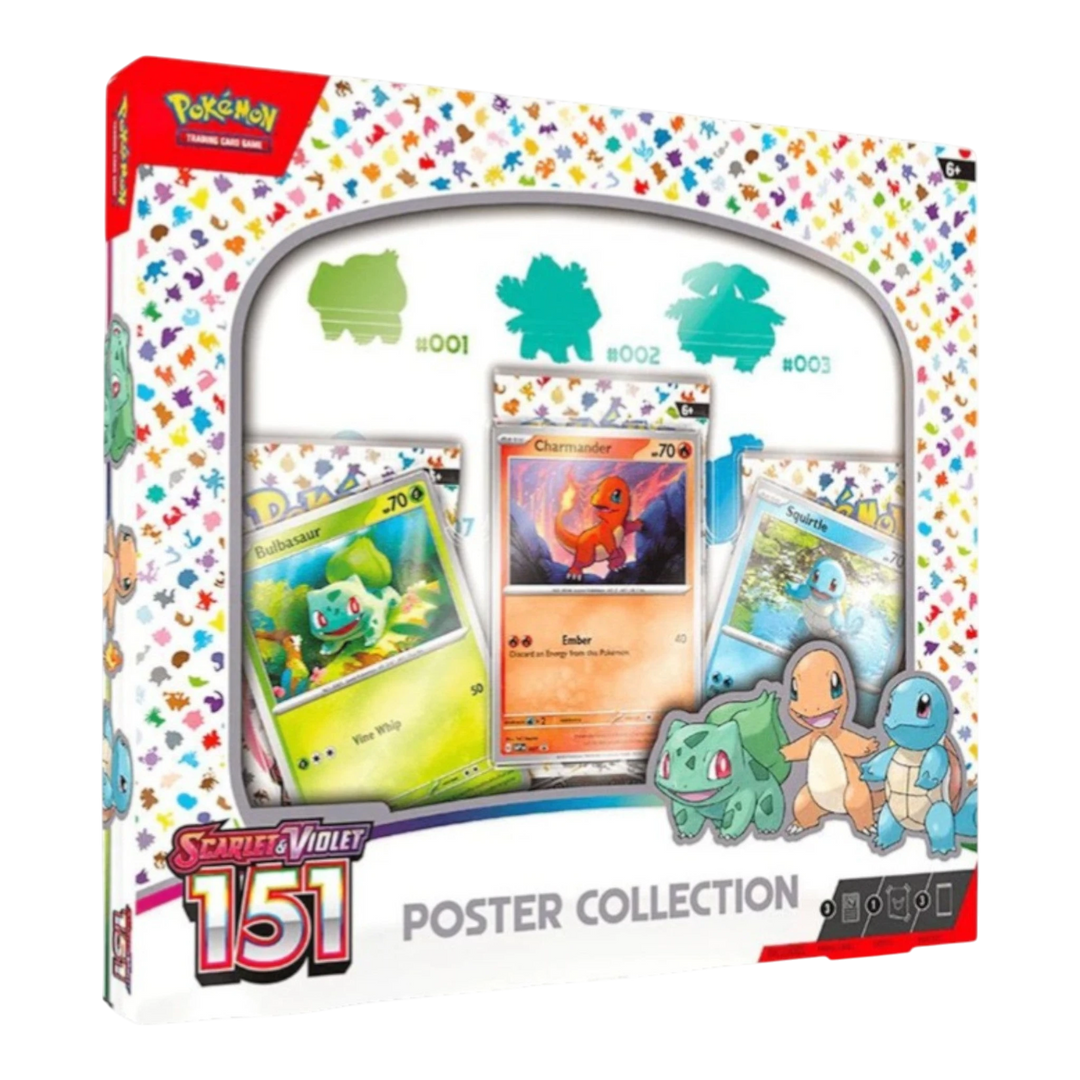 HypeSelection Pokémon TCG Scarlet &amp; Violet 151 Poster Collection box featuring Bulbasaur, Charmander, and Squirtle promo cards and poster.