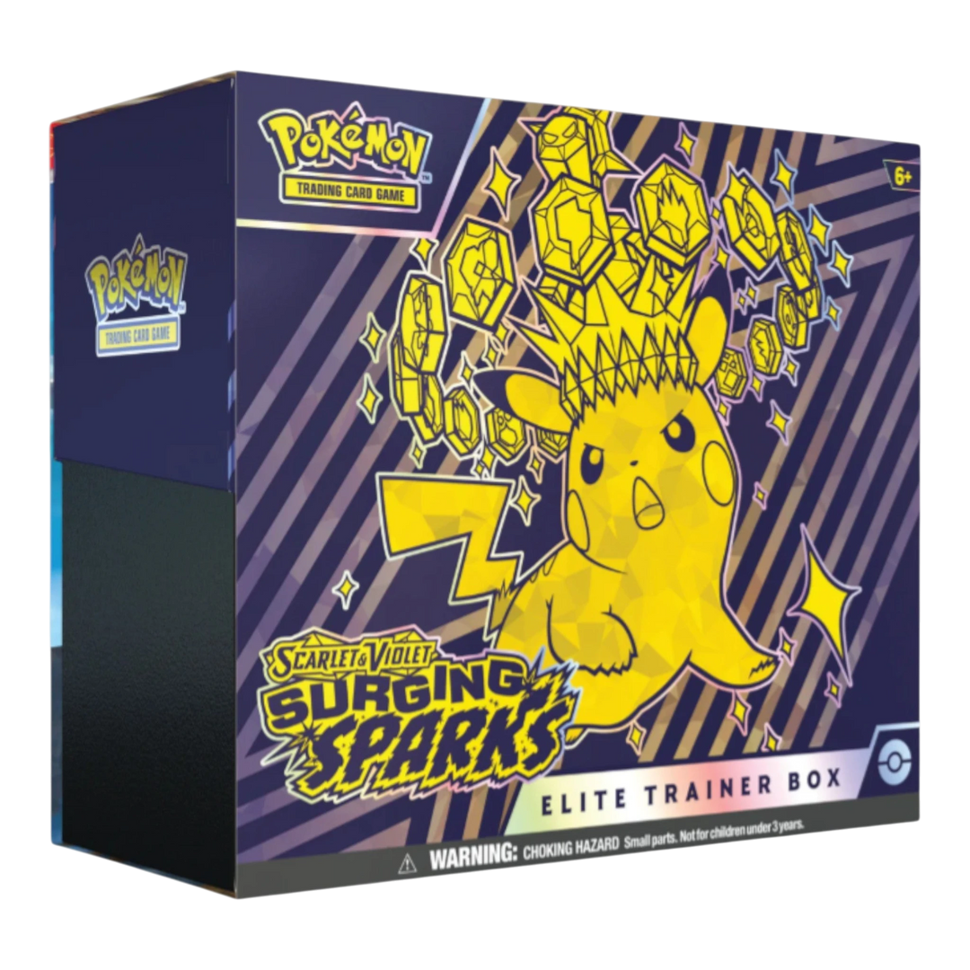 HypeSelection Pokémon TCG Scarlet & Violet Surging Sparks Elite Trainer Box featuring Pikachu ex with gems. Includes 9 booster packs and accessories.