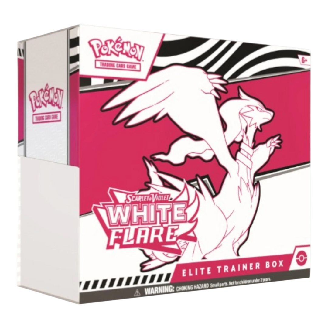 HypeSelection Pokémon TCG Scarlet &amp; Violet White Flare Elite Trainer Box with Reshiram artwork and pink accents.