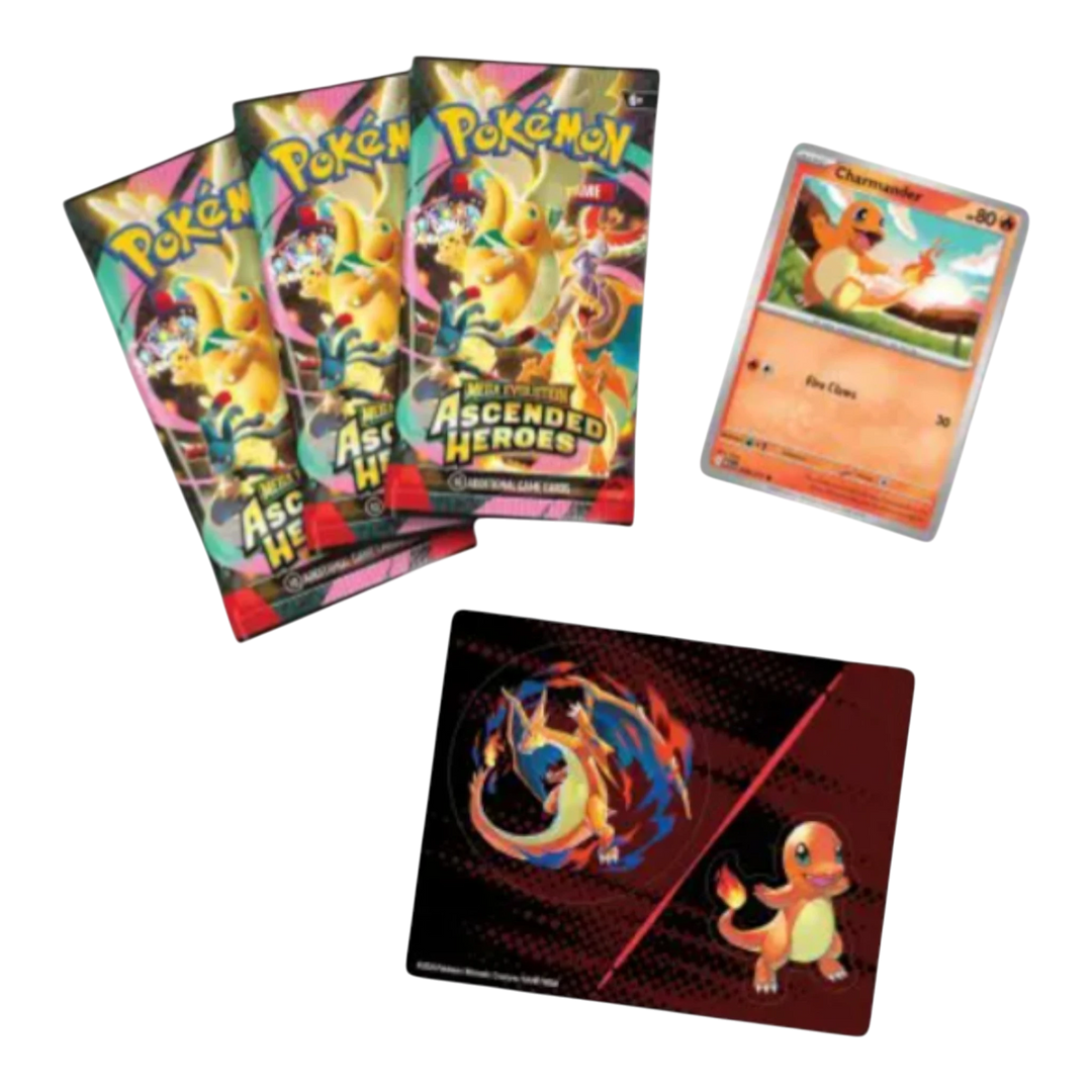 HypeSelection Pokémon TCG Mega Evolution Ascended Heroes 3-pack blister with Charmander promo card and sticker sheet.