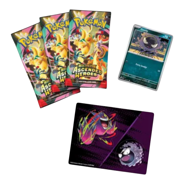 HypeSelection Pokémon TCG Mega Evolution Ascended Heroes 3-pack blister with Gastly promo card and sticker sheet.