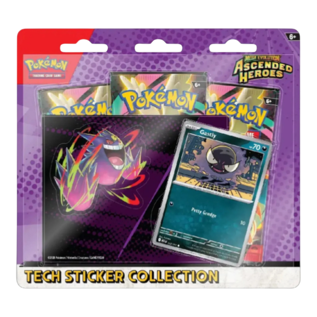 HypeSelection Pokémon TCG Mega Evolution Ascended Heroes 3-Pack Blister with Gastly promo card and sticker sheet.